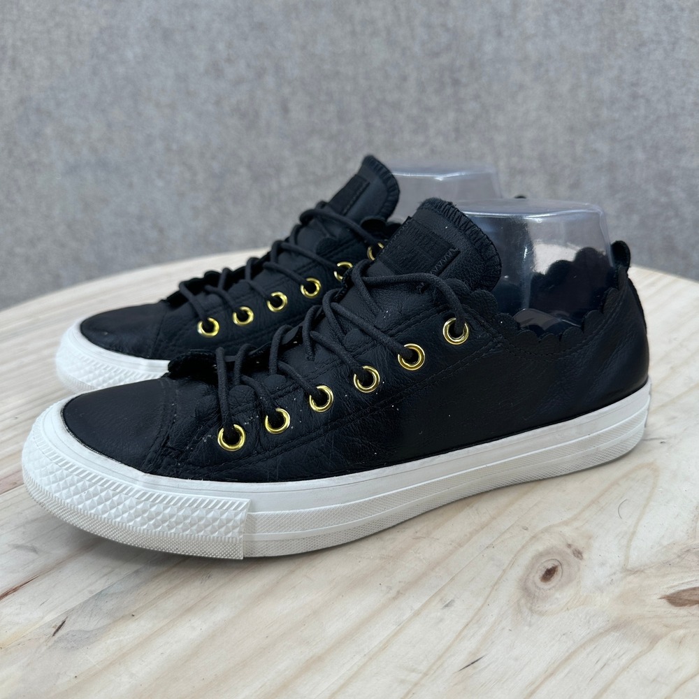 Converse CTAS Ox Black Gold Egret Shoes 8 Scalloped Black Leather Gold Eyelet